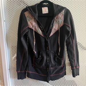 Free People Intimately Zip up Hoodie Size Small in Black 100% Cotton Patchwork